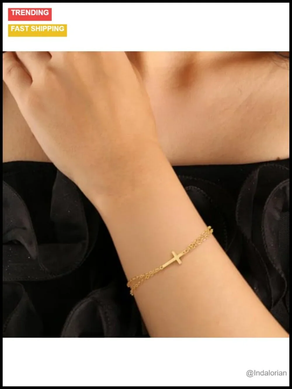 14K Gold Plated Sideways Cross Bracelet Layered Double Chain Adjustable